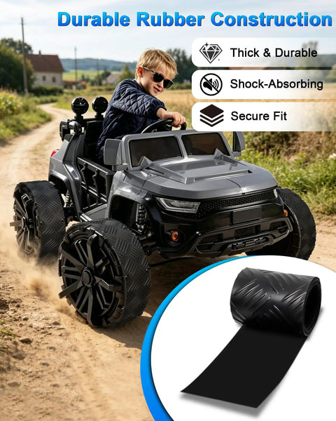 Heavy Duty Anti Slip Rubber Tire Grip Upgrade Kit For Kids Electric Cars on rugged terrain, showcasing durable rubber construction.