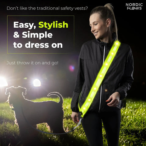 Rechargeable LED Reflective Safety Sash Featuring Three Custom Flashing Modes To Keep You Lit Safe And Street Sharp While Cruising The Sidewalks Or Cranking Out Night Miles
