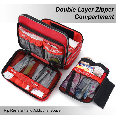 GEVOKE large red emergency first aid kit with double-layer zipper compartments and organized interior pockets