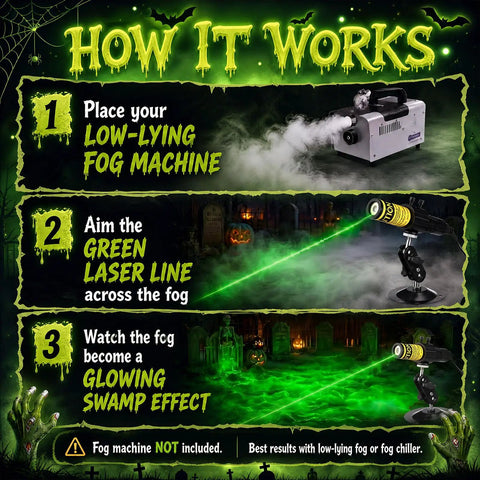 Green Laser Halloween Generator With Timer For Spooky Party Lighting And Fog Effects, Projects Bright Creepy Beams Across Marsh Fog To Create Epic Atmosphere And Endless Halloween Fun.