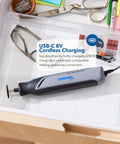 Cordless Rotary Tool Kit With Brushless Motor And LED Nose Cap For Precision Work on USB-C charge in desk drawer with accessories