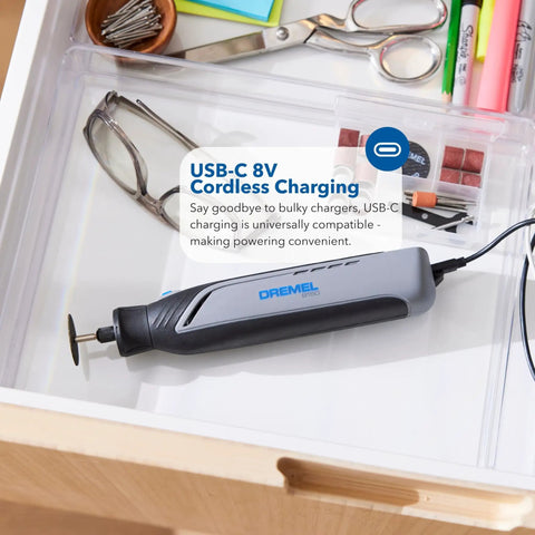 Cordless Rotary Tool Kit With Brushless Motor And LED Nose Cap For Precision Work on USB-C charge in desk drawer with accessories