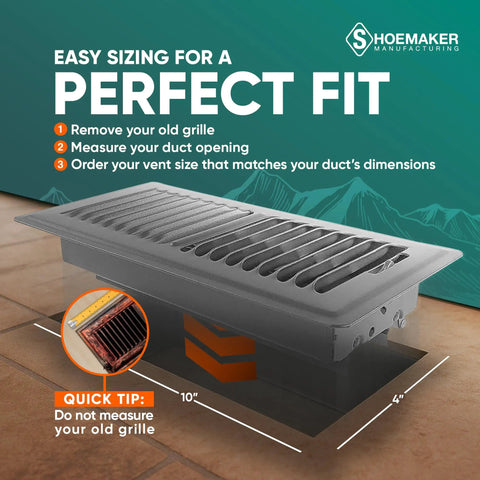 4x10 Storm Gray Floor Register Vent Cover, Heavy Duty Metal Floor Vent For Home HVAC with sizing instructions
