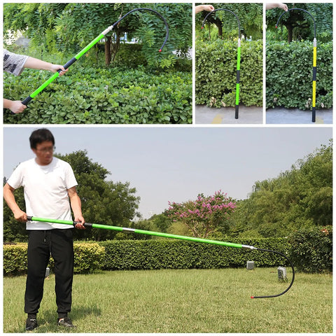 Person demonstrating Insulated Rescue Pole for Electric Work, Non Conductive High Voltage Safety Hook outdoors; green fiberglass pole.