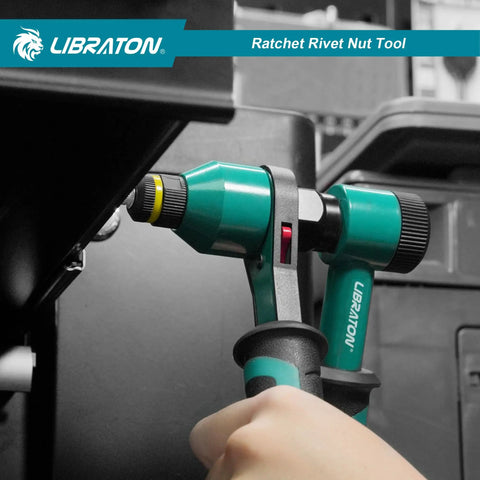 Pro Grade Rivet Nut Tool Kit With Ratchet Action For Auto Projects in use, installing threaded rivet nut, close-up view.