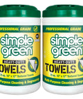 Front view of two Simple Green Heavy-Duty Towels containers with green lids, 75-count each (pack of 2).