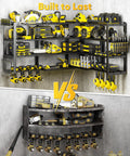 Image showcasing the Massive 64 Inch Power Tool Organizer Wall Mount With 1000 Lbs Load Capacity, Heavy Duty 4 Tier Garage Storage Rack With 8 Drill Holders.