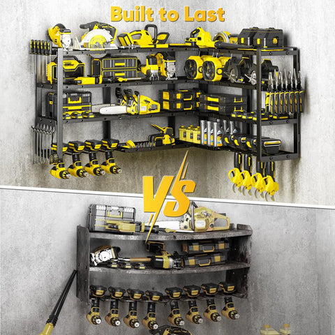 Image showcasing the Massive 64 Inch Power Tool Organizer Wall Mount With 1000 Lbs Load Capacity, Heavy Duty 4 Tier Garage Storage Rack With 8 Drill Holders.