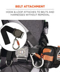 Retractable Tool Lanyard With Locking Carabiner For Belt Or Harness, Gray, shown attached to a belt with locking mechanism and carabiner.