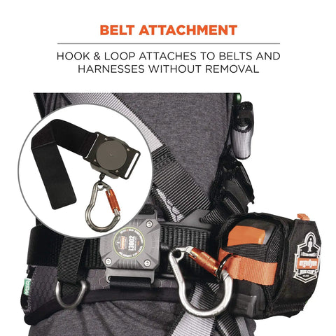 Retractable Tool Lanyard With Locking Carabiner For Belt Or Harness, Gray, shown attached to a belt with locking mechanism and carabiner.