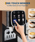 Top Shelf 20 Bar Espresso Machine With Bright Touch Panel For Six One Touch Drinks And Smooth Milk Frother Compact Brewer close-up of control panel.