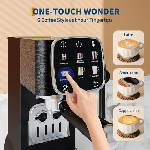 Top Shelf 20 Bar Espresso Machine With Bright Touch Panel For Six One Touch Drinks And Smooth Milk Frother Compact Brewer close-up of control panel.