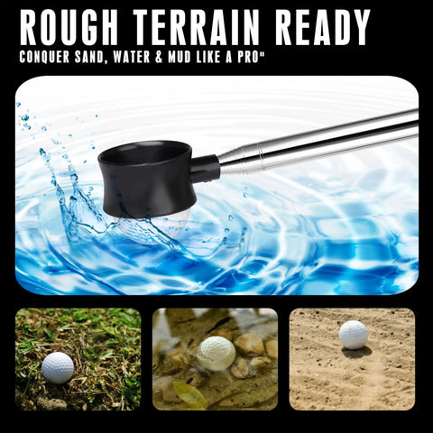 Telescopic Golf Ball Retriever with long reach in water, reinforced stainless shaft, dual-sided nylon head for rough terrain