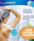 Woman washing hair with Straight Up Genius Hair Catcher And Drain Stopper For Shower Or Tub on wall, easy clean, white design.