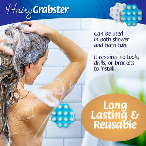 Woman washing hair with Straight Up Genius Hair Catcher And Drain Stopper For Shower Or Tub on wall, easy clean, white design.