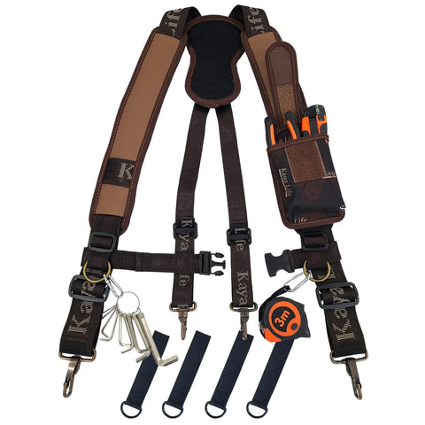 Front view of Tool Belt Suspenders With Phone Pouch And Belt Loops For Men Adjustable Padded Shoulder Straps Heavy Duty Steel Hooks
