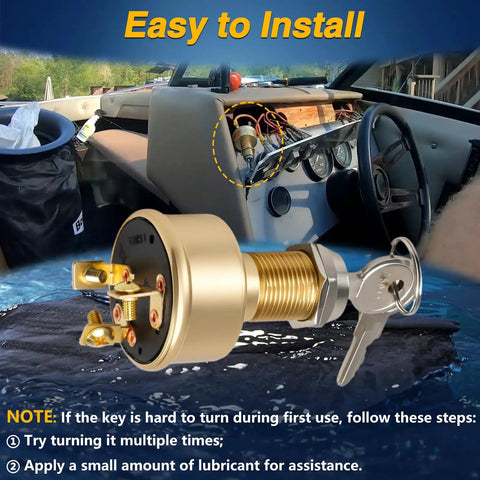 Heavy Duty Marine Ignition Switch For Boats 15 Amps 12 Volts Three Position Off Ignition Start With Two Keys Replacement MP39060 visible with boat dashboard installation.