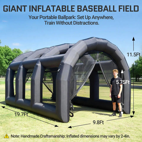 Inflatable batting cage for baseball with blower, durable backyard practice tent for baseball and softball hitting and pitching.
