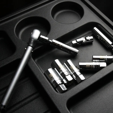 Fourteen Piece Three Eighths Drive Spark Plug Socket Set With Magnetic And Rubber Grip Sockets, Torque Wrench 5-45 Lb Ft, Swivel Joint, Extension Bar, Universal Joint, Torx And Hex Sockets, Includes 14mm And 16mm, Heavy Duty CRV Steel Build, chrome sockets in case