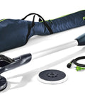 Planex LHS E 225 EQ Drywall Sander with Direct Drive Brushless EC TEC Motor and accessories, including carry bag and cable.