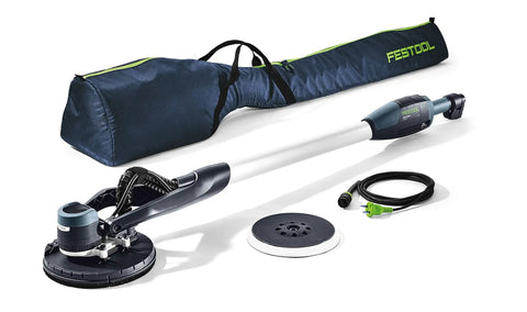 Planex LHS E 225 EQ Drywall Sander with Direct Drive Brushless EC TEC Motor and accessories, including carry bag and cable.