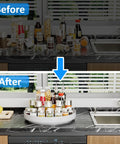 Hella Rugged 13 Inch Metal Lazy Susan Turntable For Kitchen Cabinet And Pantry Rack Storage in use, displaying organized bottles and jars.