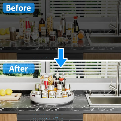 Hella Rugged 13 Inch Metal Lazy Susan Turntable For Kitchen Cabinet And Pantry Rack Storage in use, displaying organized bottles and jars.