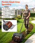 Person using Beefy Compost Spreader For Lawn Care And Garden, 16.5 Inch Wide Peat Moss Spreader With T Shaped Handle on grass.