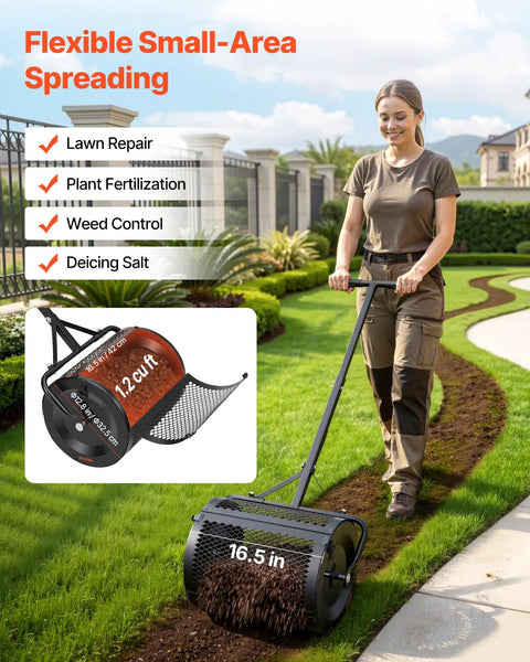 Person using Beefy Compost Spreader For Lawn Care And Garden, 16.5 Inch Wide Peat Moss Spreader With T Shaped Handle on grass.