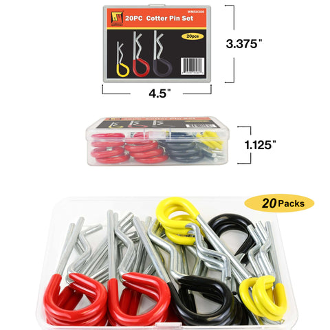 R Clip Assortment For Hitch Pin Locks And Cotter Pins, Twenty Zinc Plated Steel Clips In 7/64, 9/64 And 5/32 Inch Sizes, Color Coded Yellow Red Black For Quick Pick And Secure Fit, Perfect For Trailers, Equipment And Mowers By Wellmax.
