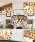 4 Light Traditional Crystal Chandelier In Bronze Drum Ceiling Light Fixture With Round Metal Shade And Raindrop Crystals