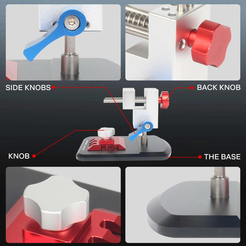 Universal Tabletop Vise Clamp For Hobbyists showing various knobs and base details, highlighting 360 degree rotation and 90 degree tilt features.