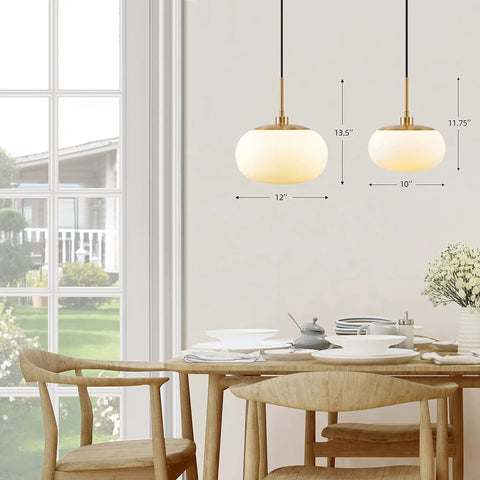 Big 12 Inch Opal Glass Pendant Light With Antique Brass Finish For Living Room And Kitchen Island, Warm Diffused Glow