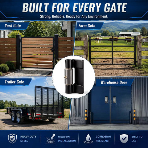 4 Pack Weld On Butterfly Hinges Heavy Duty Gate Hardware Solid Steel shown on various gates and a warehouse door.