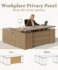 70 Inch L Shaped Electric Standing Desk With Heavy Duty Steel Frame And Smooth As Silk Height Adjustments Features Four Smart Memory Presets Built In File Cabinet AC USB Charging Ports Privacy Panel For An Ultimate Game Changer Workspace In Natural Oak showing corner setup with privacy panel.