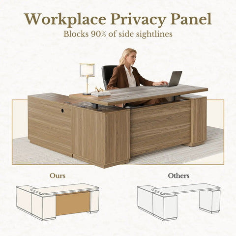 70 Inch L Shaped Electric Standing Desk With Heavy Duty Steel Frame And Smooth As Silk Height Adjustments Features Four Smart Memory Presets Built In File Cabinet AC USB Charging Ports Privacy Panel For An Ultimate Game Changer Workspace In Natural Oak showing corner setup with privacy panel.