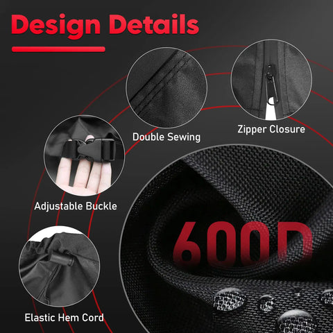 Outdoor Egg Chair Cover For Single Seat Hanging Egg Chair Waterproof 600D Heavy Duty Patio Wicker Swing Chair Cover Fits Up To 45 By 33 By 68 Inches Stay Dry All Weather Protection showing design details like double sewing, zipper closure, adjustable buckle, and elastic hem cord.