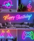 Colorful LED signs in various shapes and phrases, ideal for gaming and decor featuring 32.8Ft Flexible Neon Rope Lights With App And Remote Control Dope RGB LED Neon Rope Light With Music Sync Multiple Modes Outdoor Rope Light For Gaming Setup Home Theater And Patio Decor.