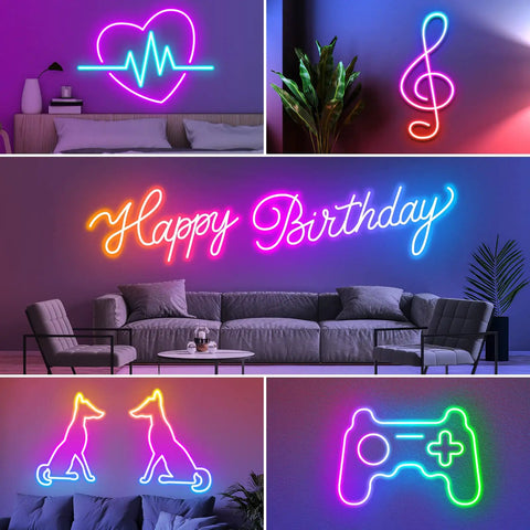 Colorful LED signs in various shapes and phrases, ideal for gaming and decor featuring 32.8Ft Flexible Neon Rope Lights With App And Remote Control Dope RGB LED Neon Rope Light With Music Sync Multiple Modes Outdoor Rope Light For Gaming Setup Home Theater And Patio Decor.