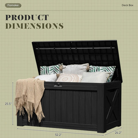 120 Gallon Resin Deck Box Waterproof Outdoor Storage Box For Patio Furniture, Garden Tools And Pool Gear, open with cushions inside
