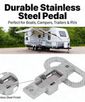 Folding stainless steel foot pedal for boat trailer or RV; 316 stainless finish with textured round foot pad