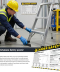 OSHA Ladder Safety Poster With 3 Points Of Contact And 4 To 1 Ladder Angle Guide, 18x24 in, showing ladder setup rules.