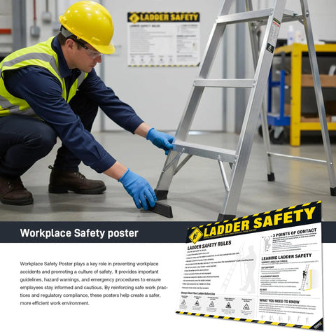 OSHA Ladder Safety Poster With 3 Points Of Contact And 4 To 1 Ladder Angle Guide, 18x24 in, showing ladder setup rules.
