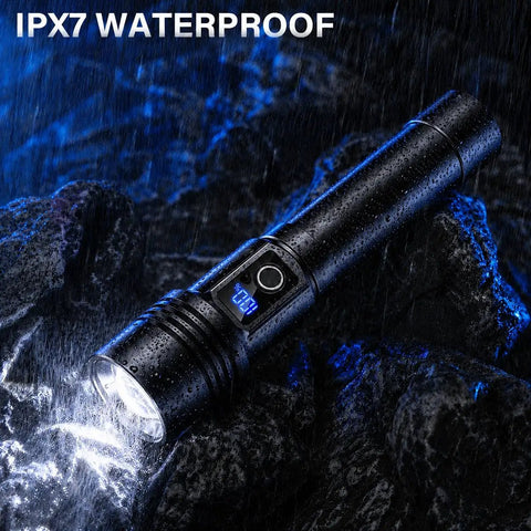 Beastly Bright USB C Rechargeable Flashlight 99000 Lumens Zoomable Tactical Light in rain, showing waterproof feature.