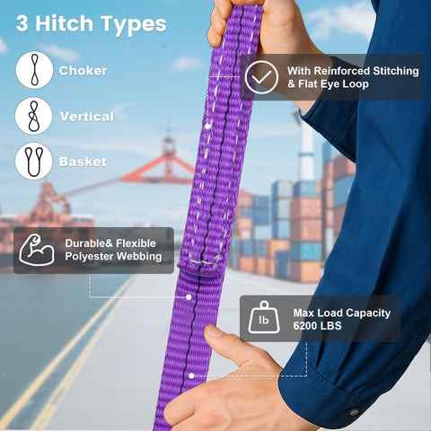 Person holding Purple 6 Foot By 1 Inch Multifunctional Heavy Duty Lift Sling Web Strap With Five Inch Diameter Reinforced Loops