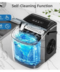 Hella Fast Portable Countertop Ice Maker Drops Fresh Cubes In Six Minutes With Sturdy Carry Handle Self Cleaning Tech features self-cleaning process with swirling water.