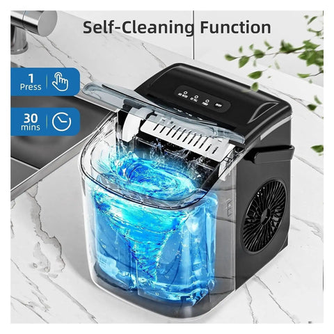 Hella Fast Portable Countertop Ice Maker Drops Fresh Cubes In Six Minutes With Sturdy Carry Handle Self Cleaning Tech features self-cleaning process with swirling water.