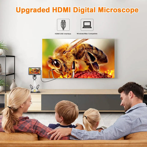 7 Inch HDMI Digital Microscope With 1200X Coin Magnification For Lit Coin Viewing On TV Or Monitor, USB PC Recording With 32GB Card, family watching TV image