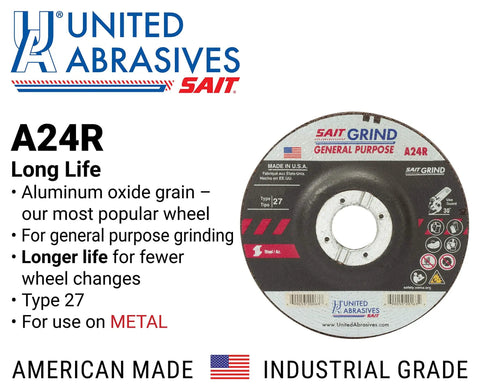 United Abrasives Type 27 grinding wheel for general purpose use on metal with long life, featuring aluminum oxide grain.