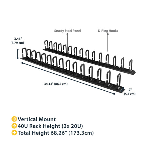 Two Pack Vertical Cable Management For 19 Inch Racks, 20U Plus, D Ring Hook Organizers, 40U Cord Manager Panels, 2x 3ft Wire Organizers, Easy Mounting, Reduces Cable Strain In Racks No Fuss